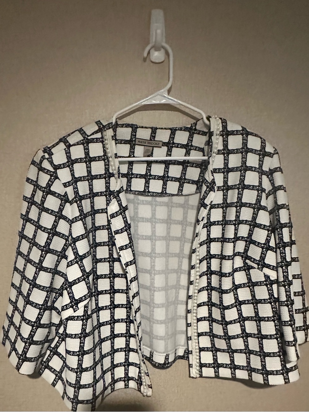 Maya Brooke 20W Black White Windowpane Short-Sleeve Pearl Trim Open-Front Blazer